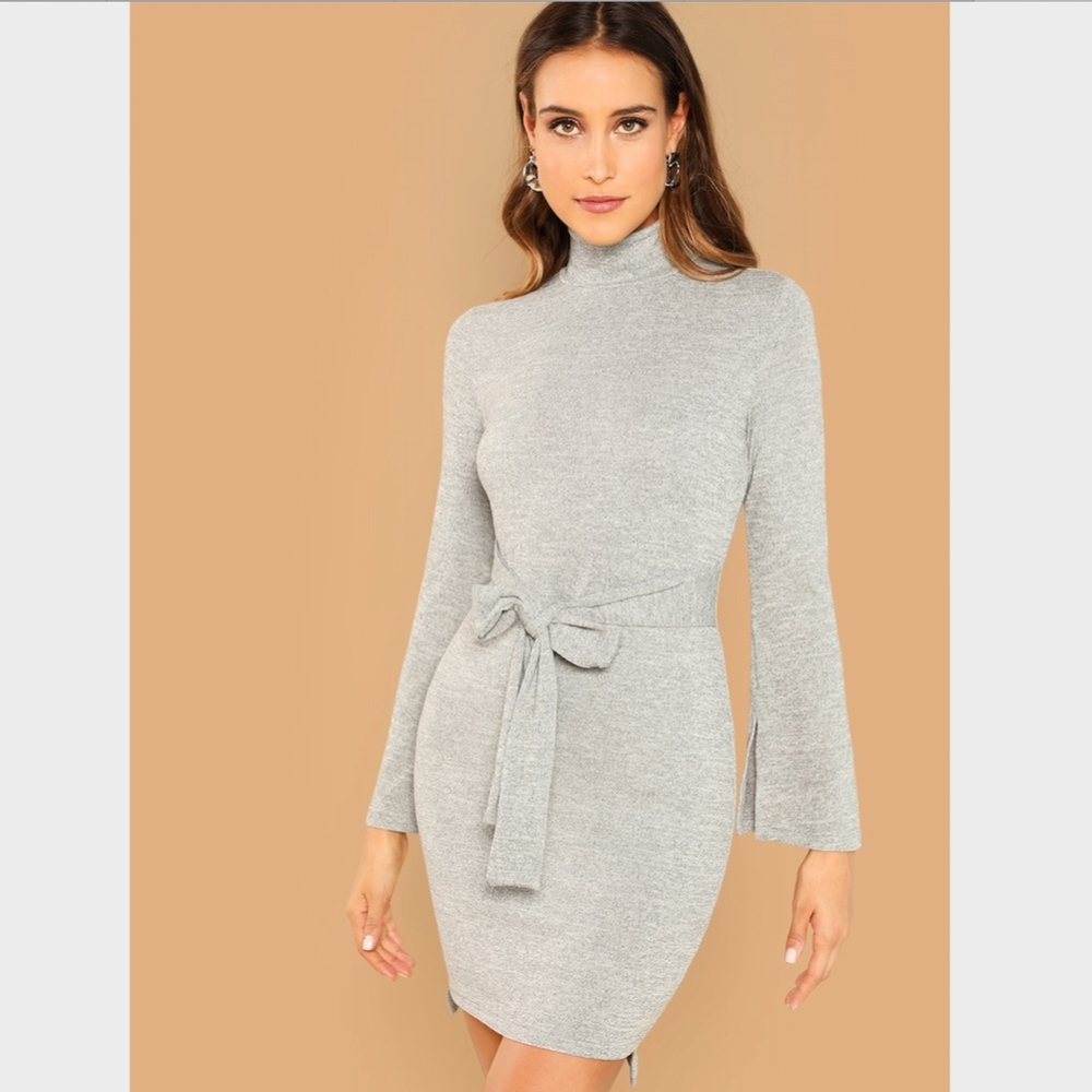 New! Mock Neck Marled Self-Tie Mini Dress Grey - Picture 2 of 6